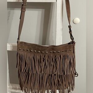 Michael Kors “Billy” Crossbody Brown Suede Leather Fringe and Studs Bag